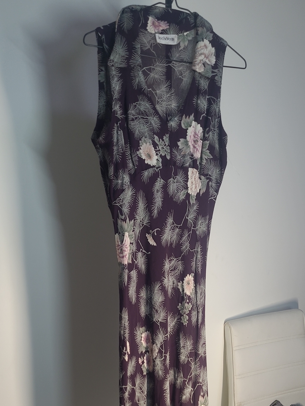 Le Chateau Burgundy Dress with Pink Floral Accents Vintage Sz Small